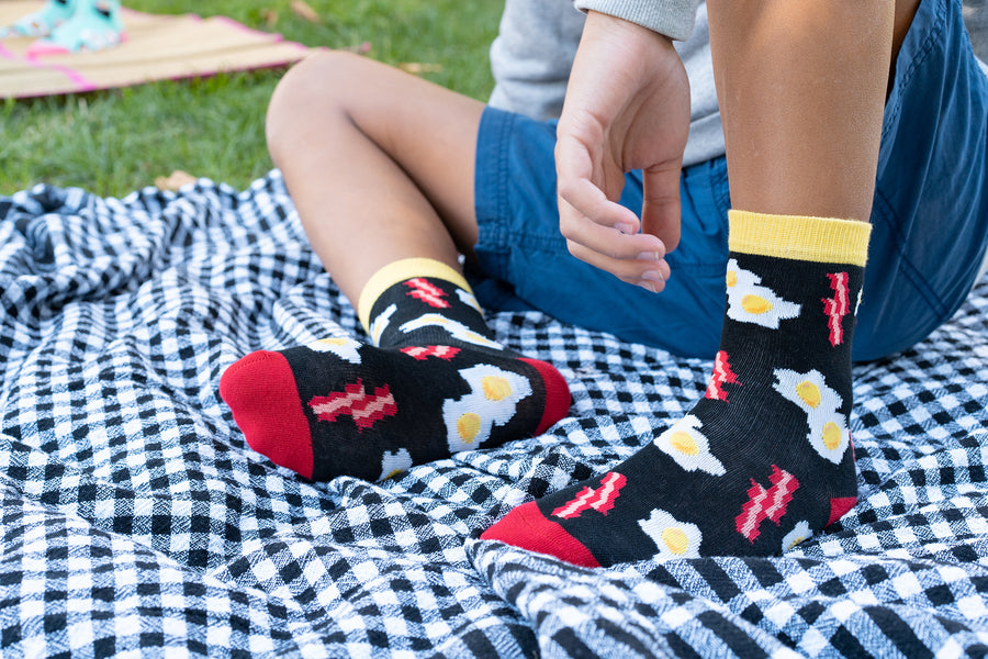 Kids Bacon & Eggs Socks black red and yellow