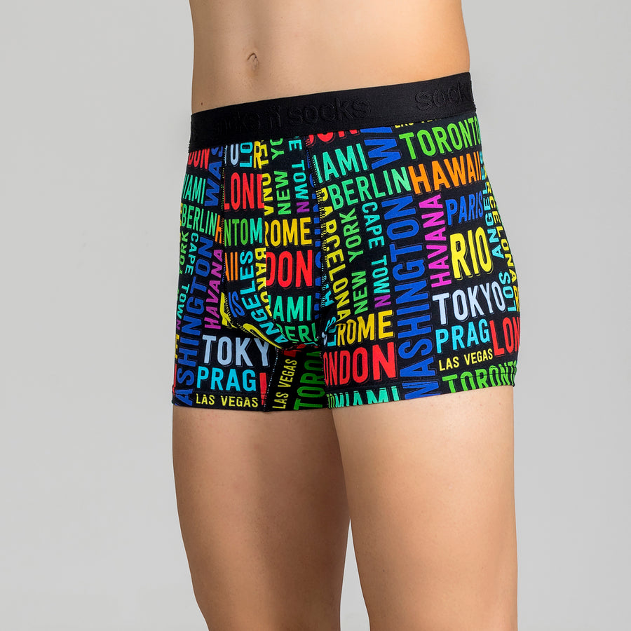 Men's Cities Boxer Brief black background and colourful letters