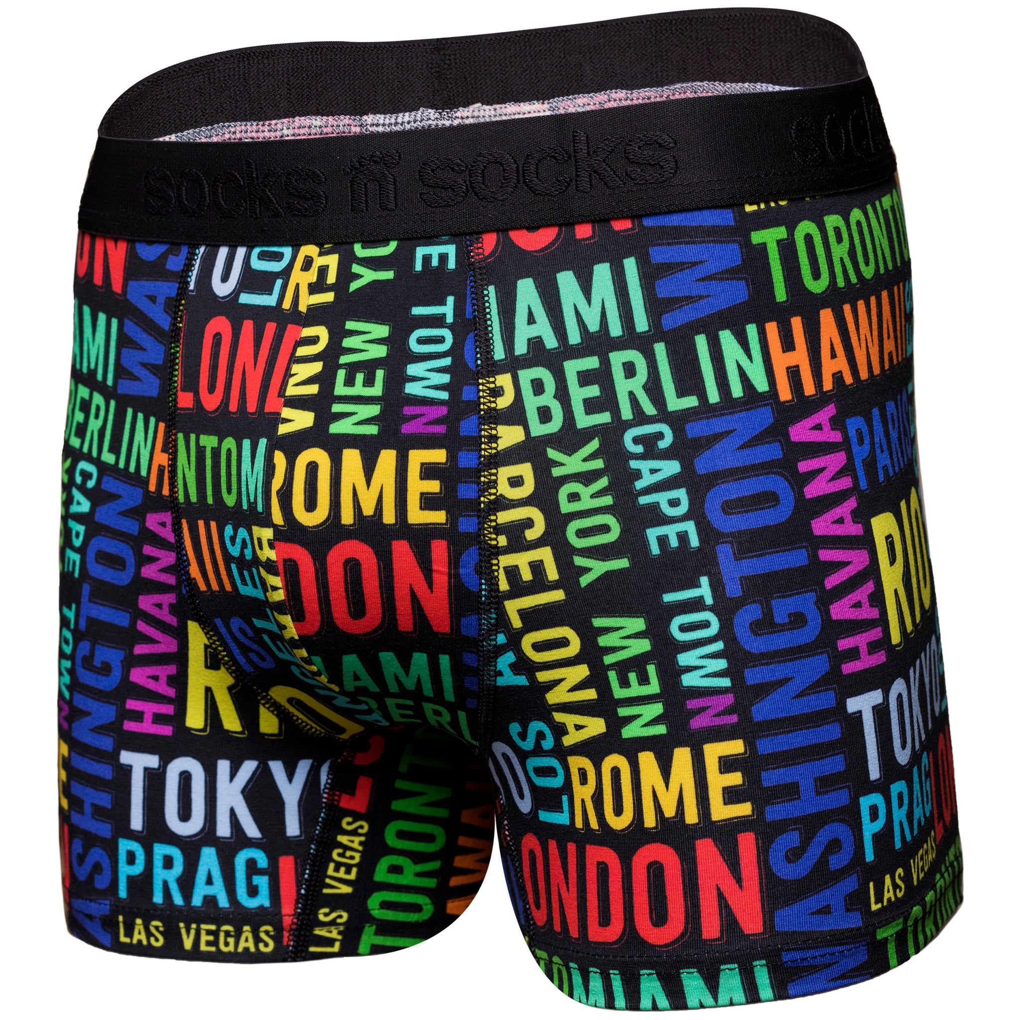 Men's Cities Boxer Brief black background and colourful letters