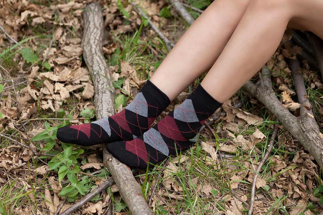 Women's Shiny Black Argyle Socks