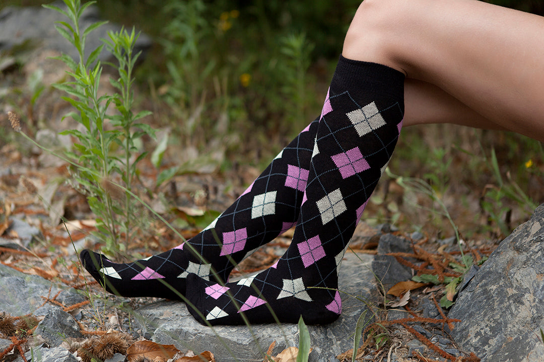 Women's Natural Black Argyle Knee High Socks